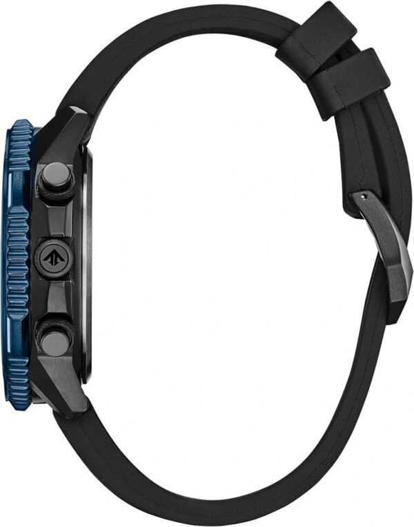 Side view of a black wristwatch with blue accents and buttons.