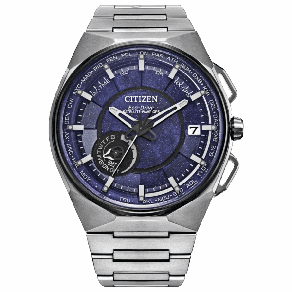 Sleek Citizen wristwatch with a blue dial and silver metal band.