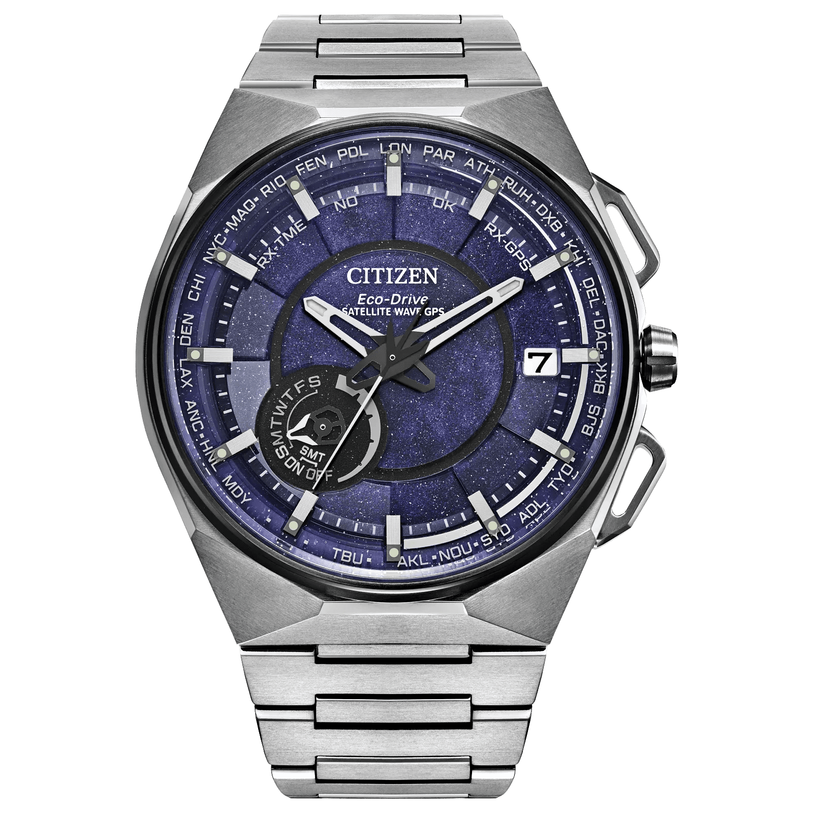 Sleek Citizen wristwatch with a blue dial and silver metal band.