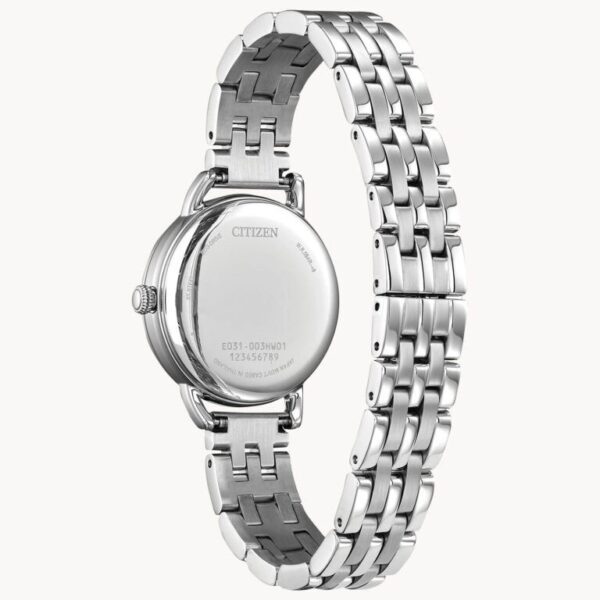 Back view of a stylish silver metal wristwatch with a linked bracelet.
