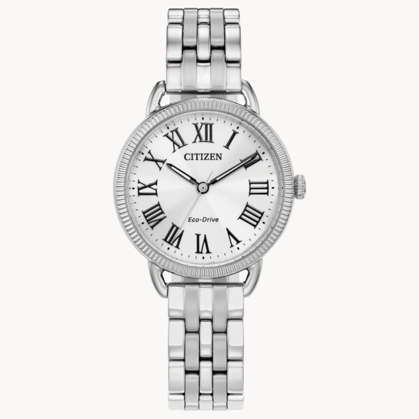 Elegant silver wristwatch with Roman numerals and linked bracelet.