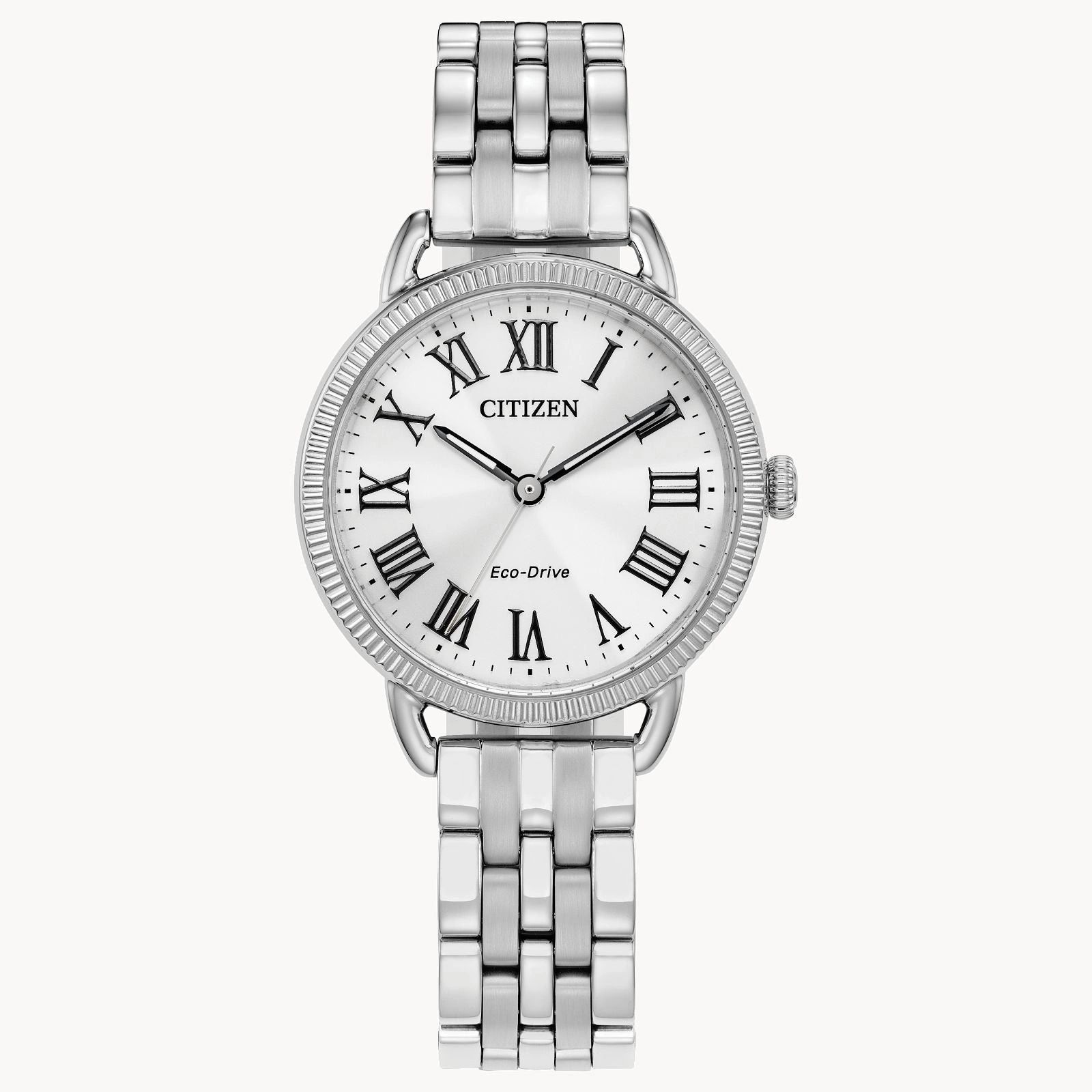 Elegant silver wristwatch with Roman numerals and linked bracelet.