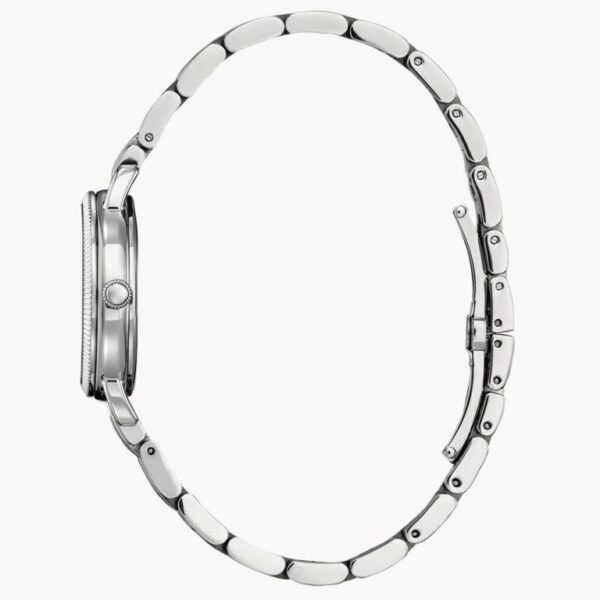 Side view of a sleek silver wristwatch with a metal link band.
