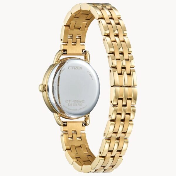 Elegant gold wristwatch with a linked bracelet and silver watch face back.