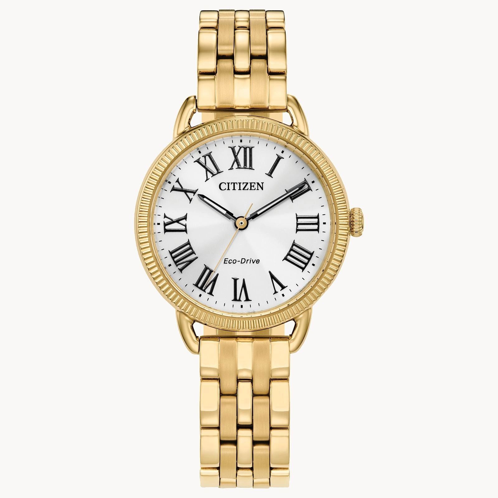 Elegant gold Citizen wristwatch with Roman numerals.