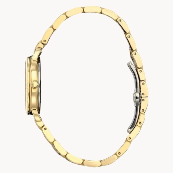 Side view of a gold wristwatch with a linked band.