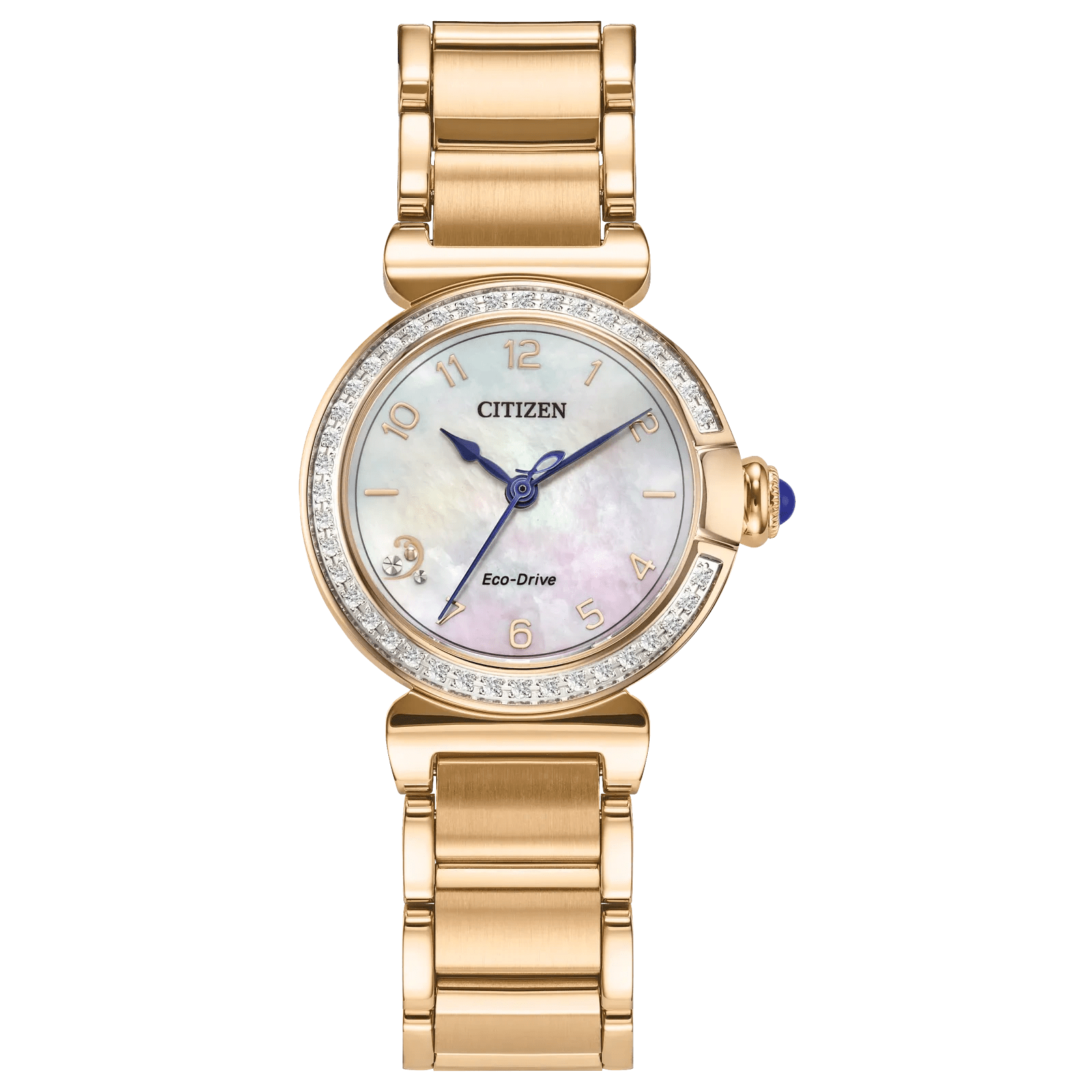 Elegant gold wristwatch with a mother-of-pearl dial and diamond accents.
