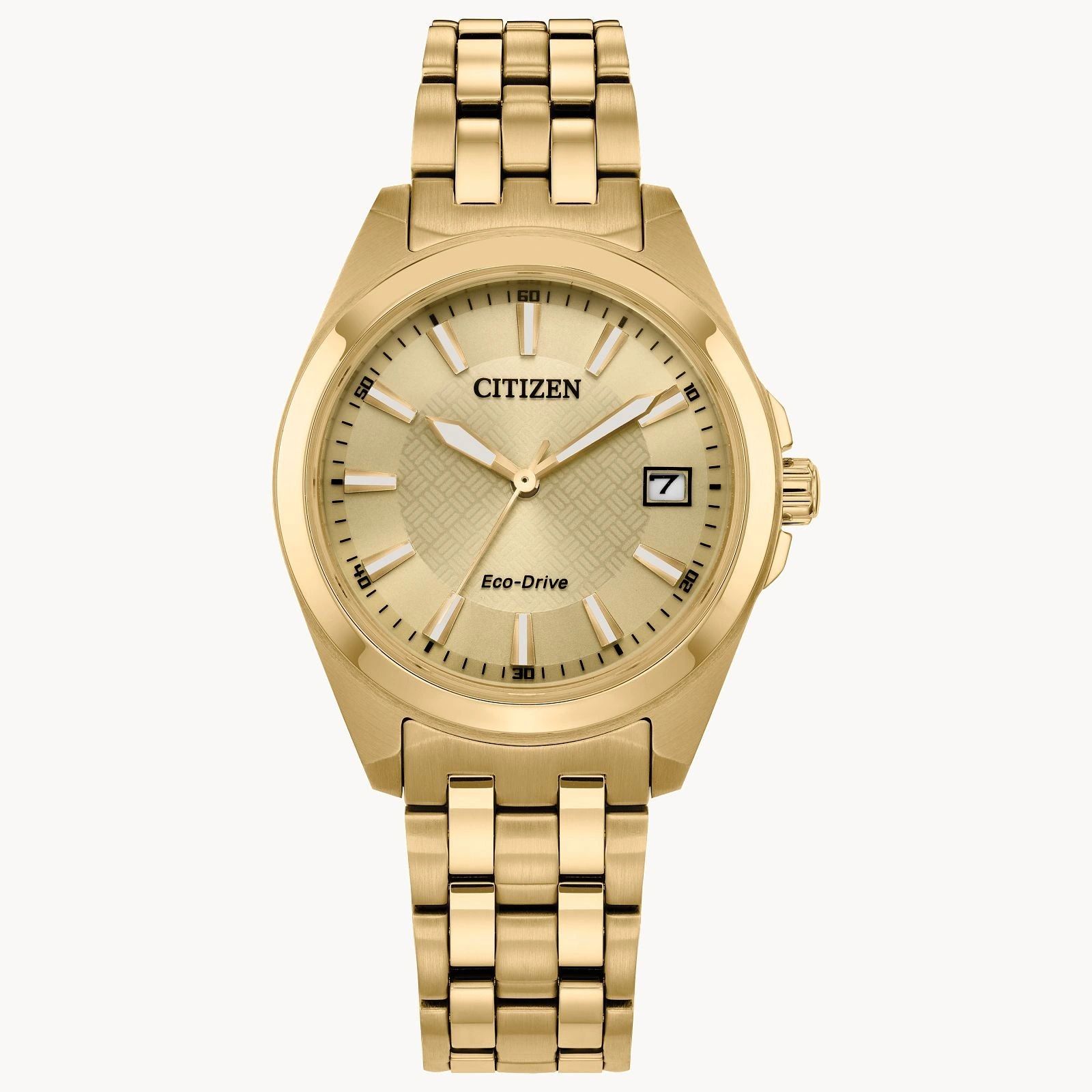 Elegant gold Citizen wristwatch with a classic design and date display.
