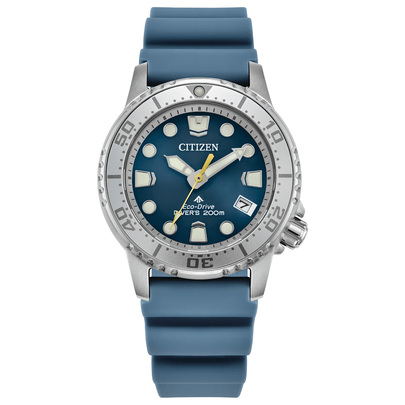 Citizen wristwatch with blue strap and silver bezel.