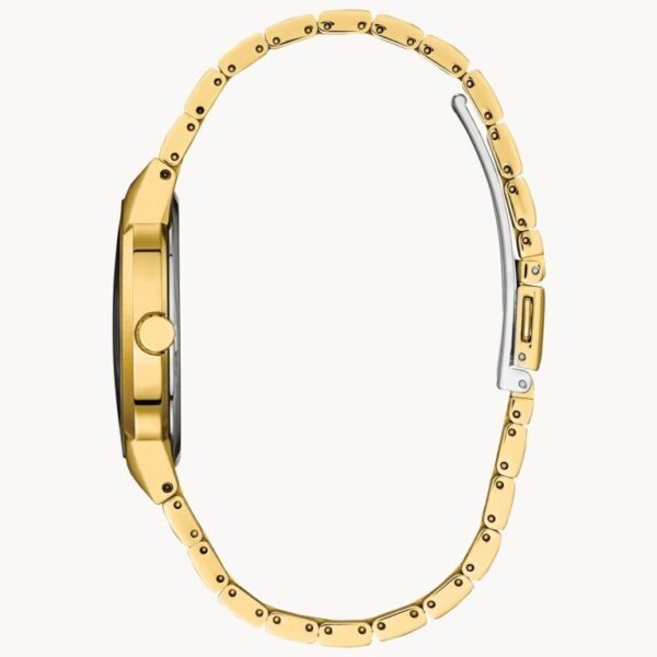 Side view of a gold wristwatch with a patterned strap.