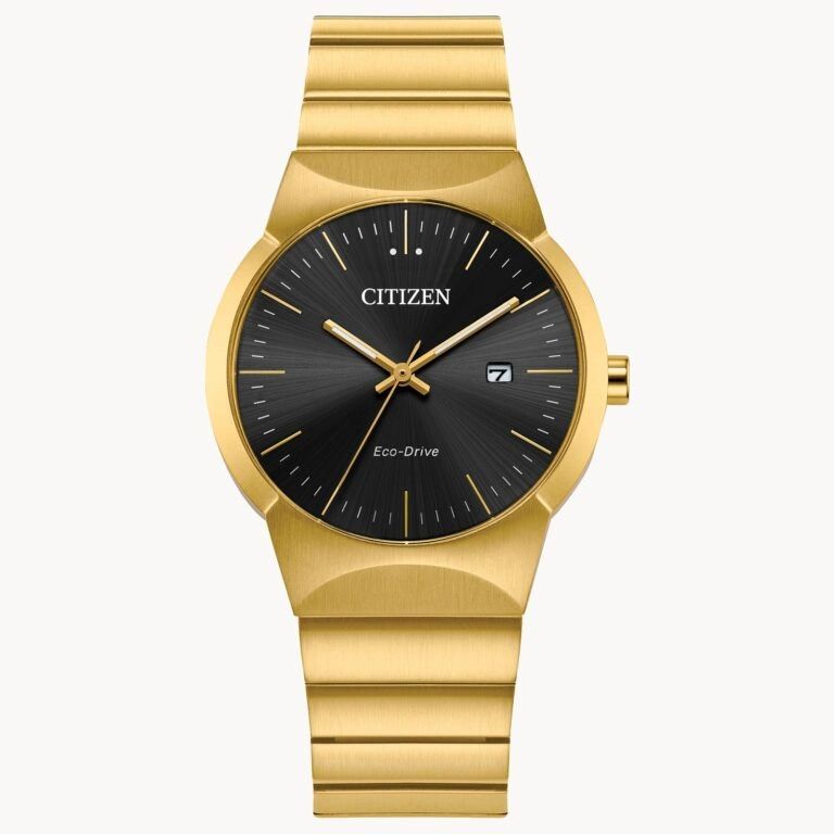 Sleek gold Citizen wristwatch with a black dial and date display.