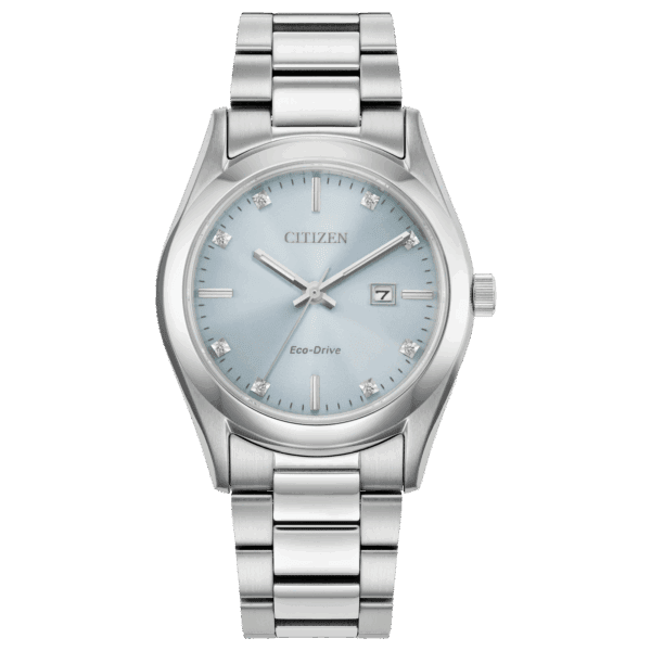 Elegant silver Citizen wristwatch with a light blue dial and date display.