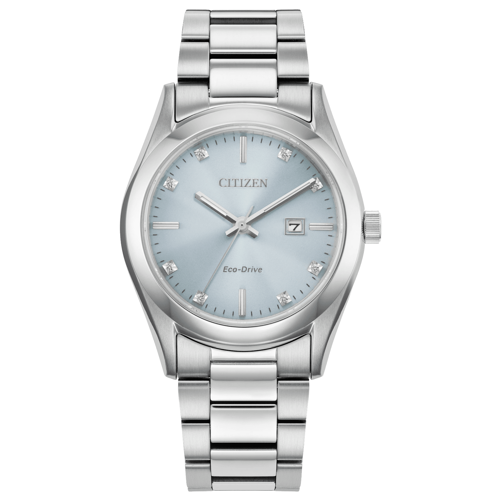 Elegant silver Citizen wristwatch with a light blue dial and date display.