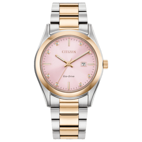 Elegant two-tone Citizen wristwatch with a pink dial and date display.