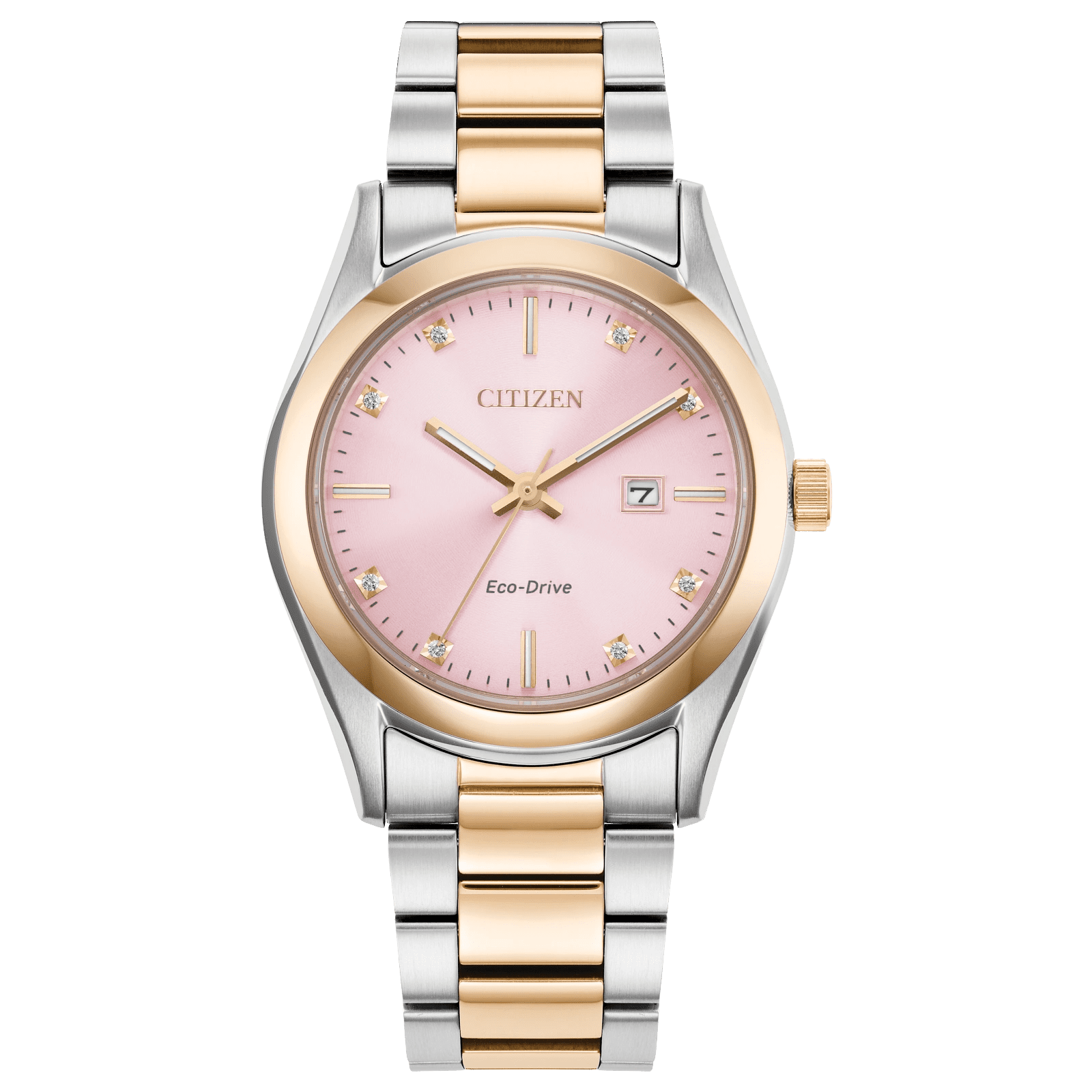 Elegant two-tone Citizen wristwatch with a pink dial and date display.