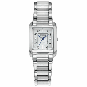 Elegant silver wristwatch with rectangular face and blue hands.