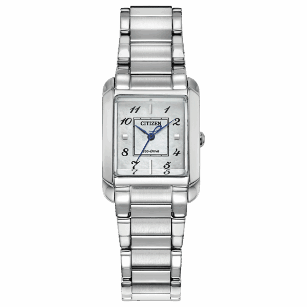 Elegant silver wristwatch with rectangular face and blue hands.