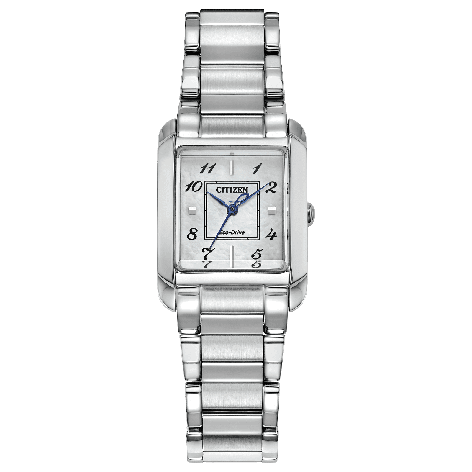 Elegant silver wristwatch with rectangular face and blue hands.