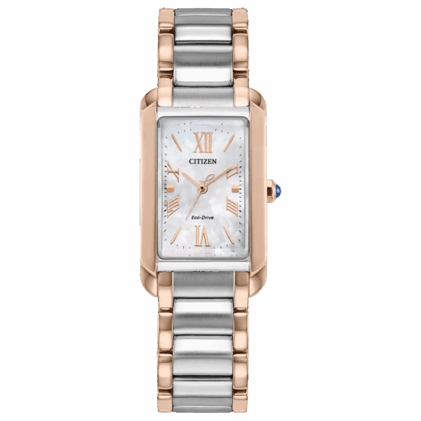 Elegant silver and rose gold wristwatch with rectangular face.
