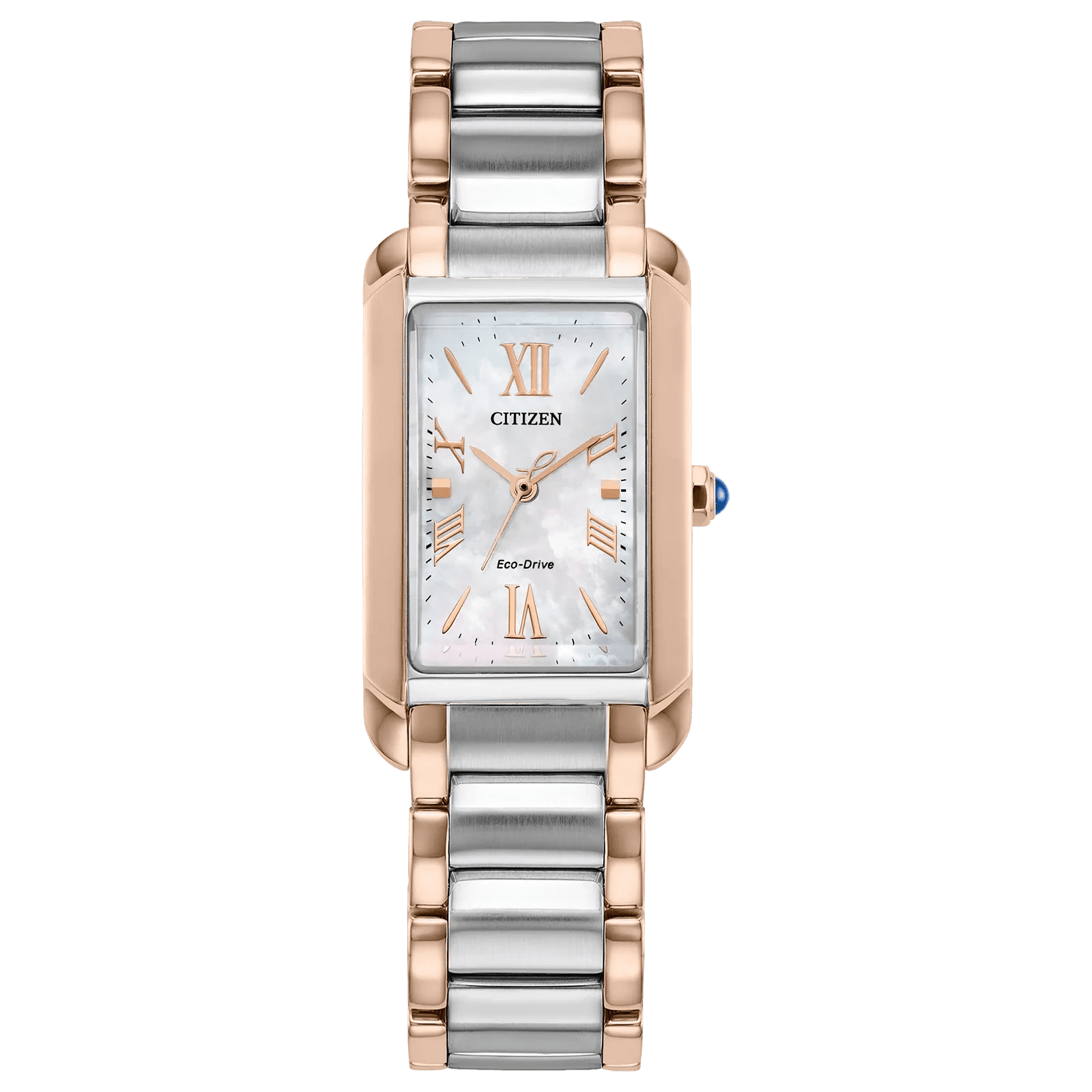 Elegant silver and rose gold wristwatch with rectangular face.