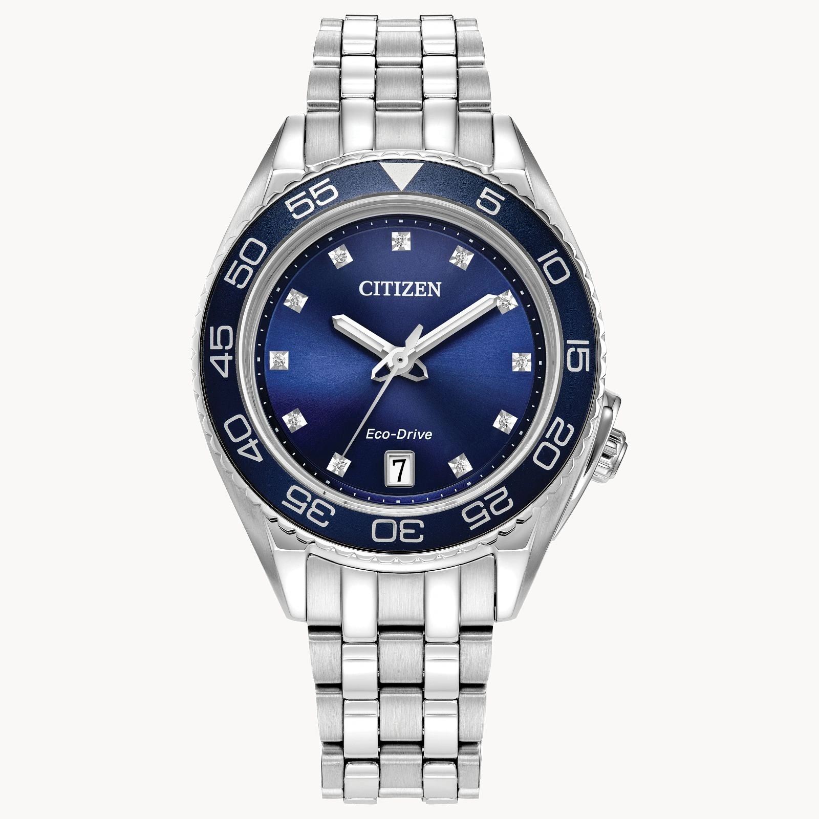 Elegant Citizen wristwatch with a blue dial and silver metal strap.