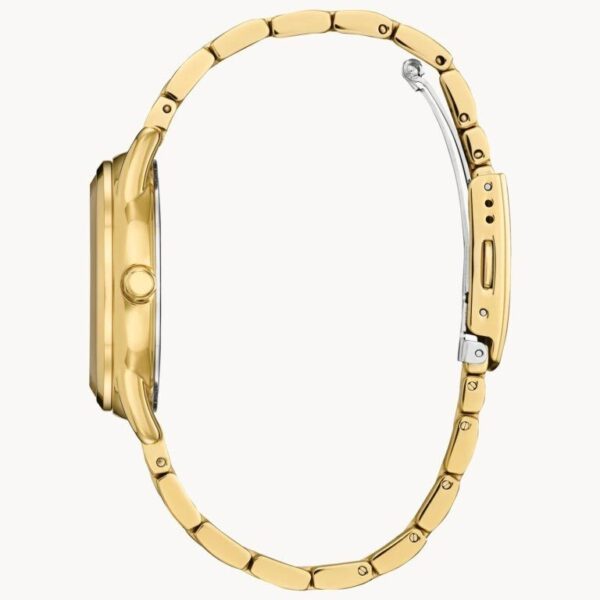 Side view of an elegant gold wristwatch with a slender band.