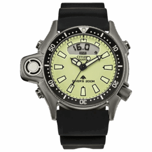 A rugged dive watch with a luminous dial and black strap.