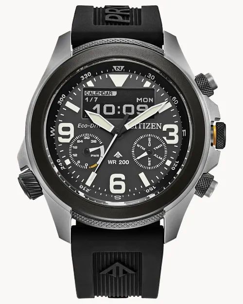 Black analog-digital wristwatch with multiple dials and a robust design.