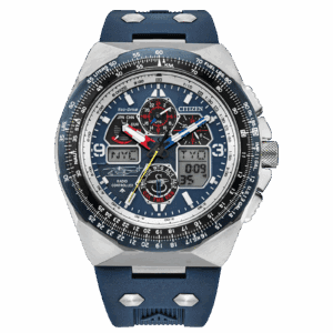 Sporty blue and silver chronograph wristwatch with multiple dials.