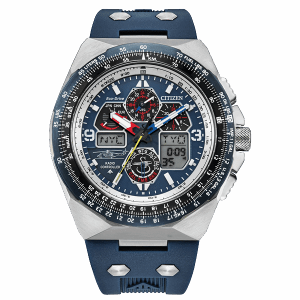 Sporty blue and silver chronograph wristwatch with multiple dials.