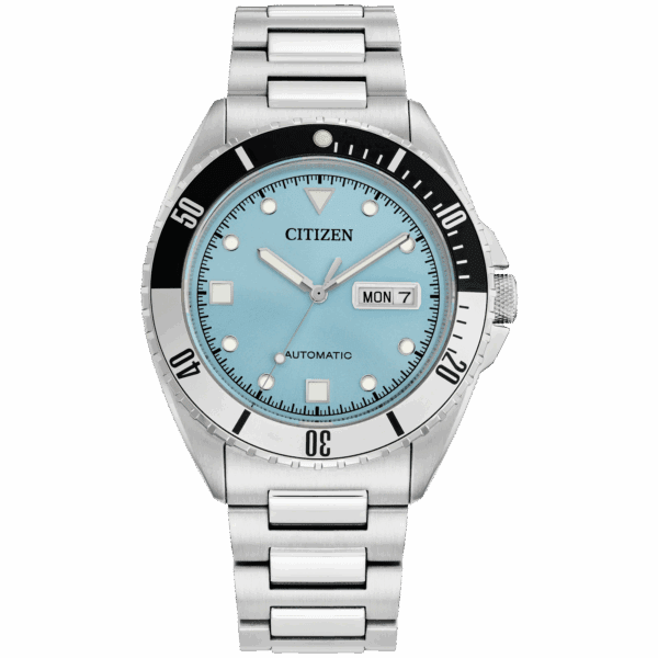 Silver Citizen wristwatch with a blue dial and date display.