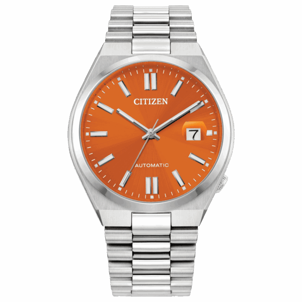 Silver Citizen wristwatch with an orange dial and date display.