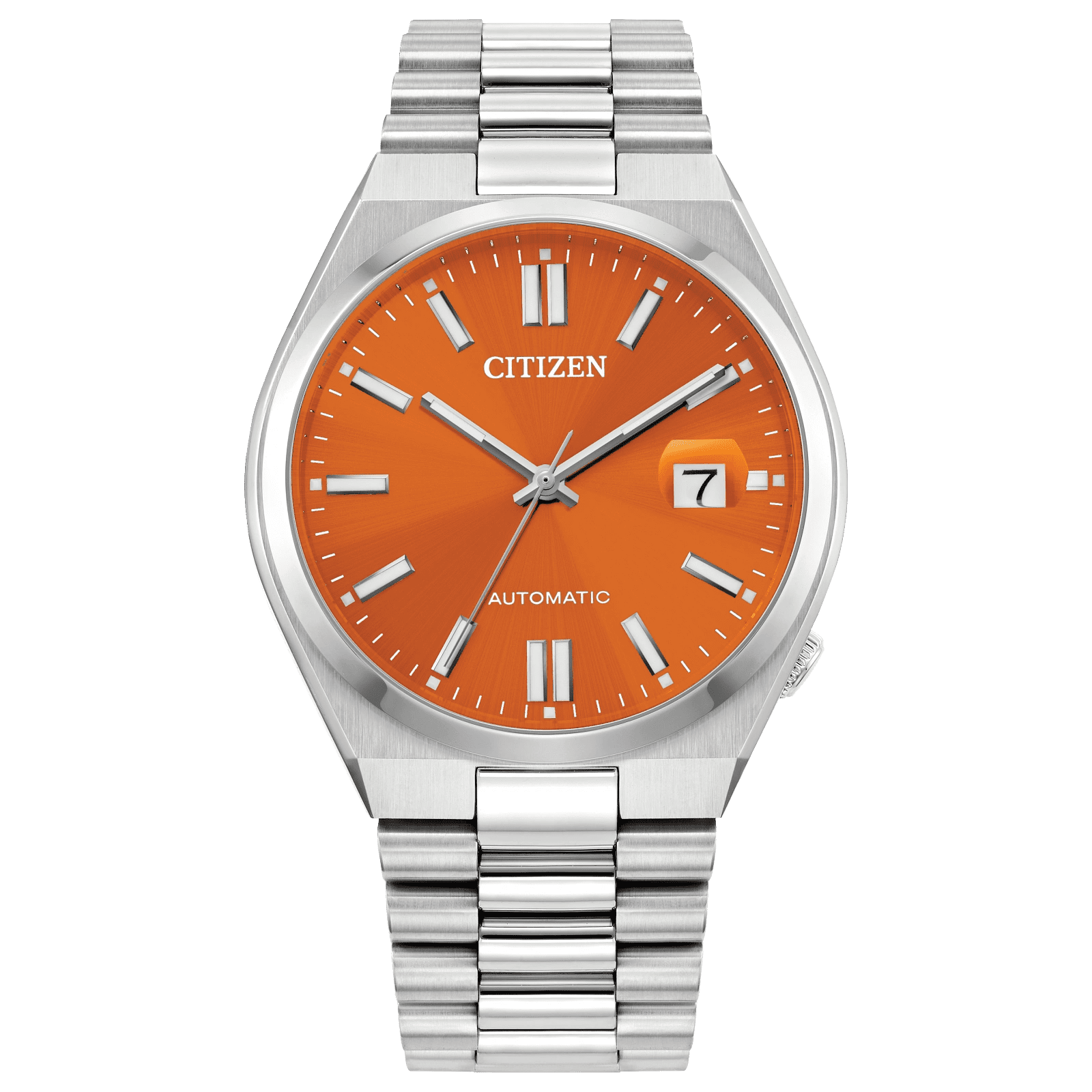 Silver Citizen wristwatch with an orange dial and date display.