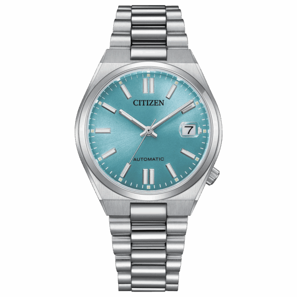 Elegant silver Citizen wristwatch with a teal dial and date display.