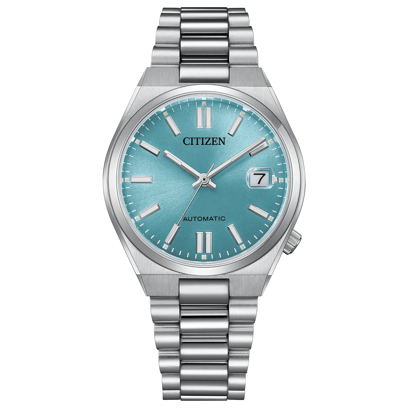 Elegant silver Citizen wristwatch with a teal dial and date display.