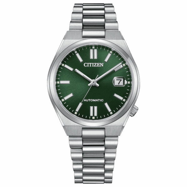 A Citizen wristwatch with a green dial and silver metal band.