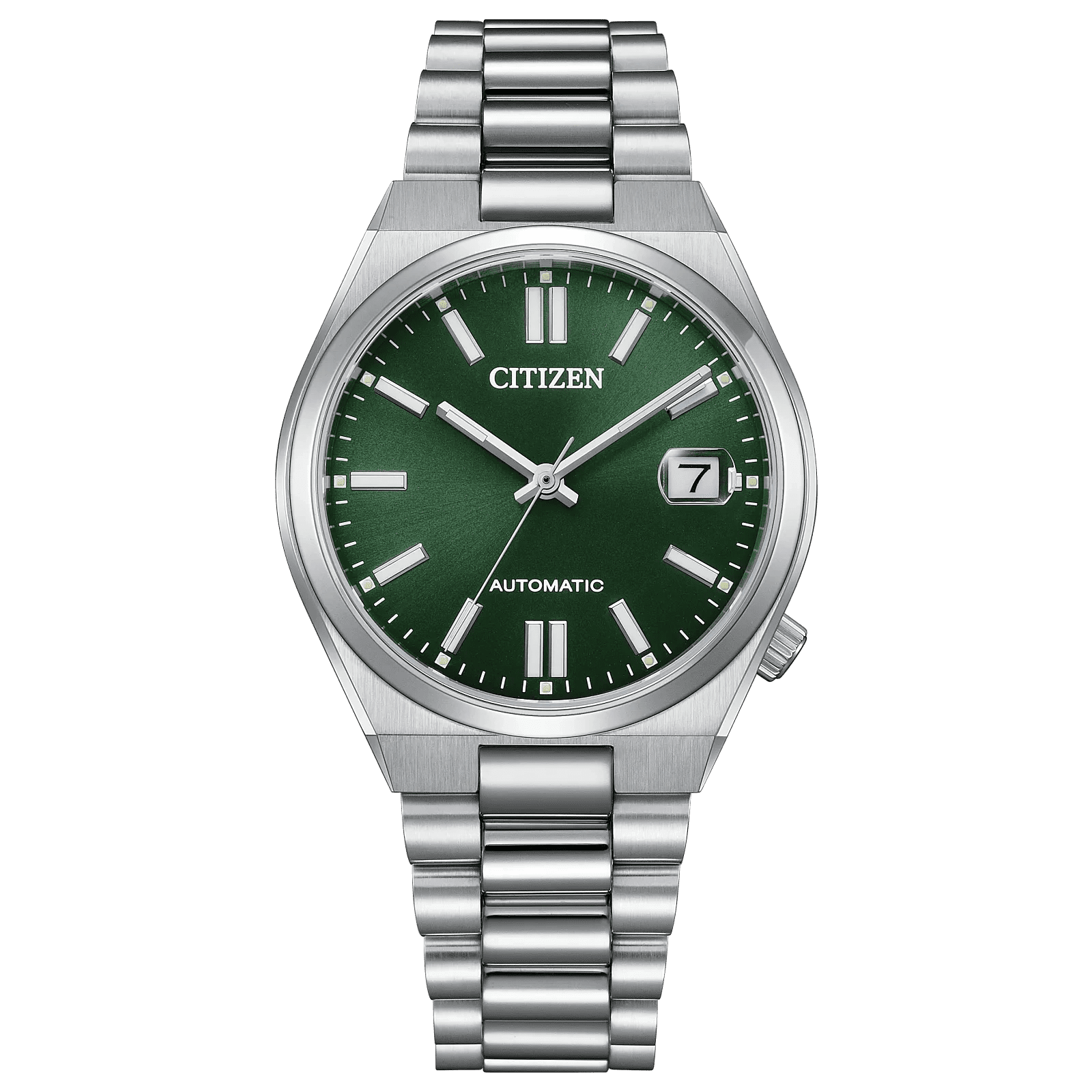 A Citizen wristwatch with a green dial and silver metal band.