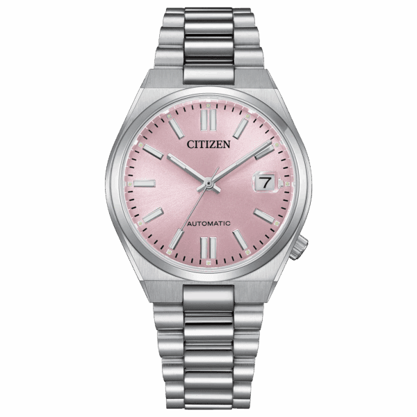 Silver Citizen wristwatch with a pink dial and metal band.