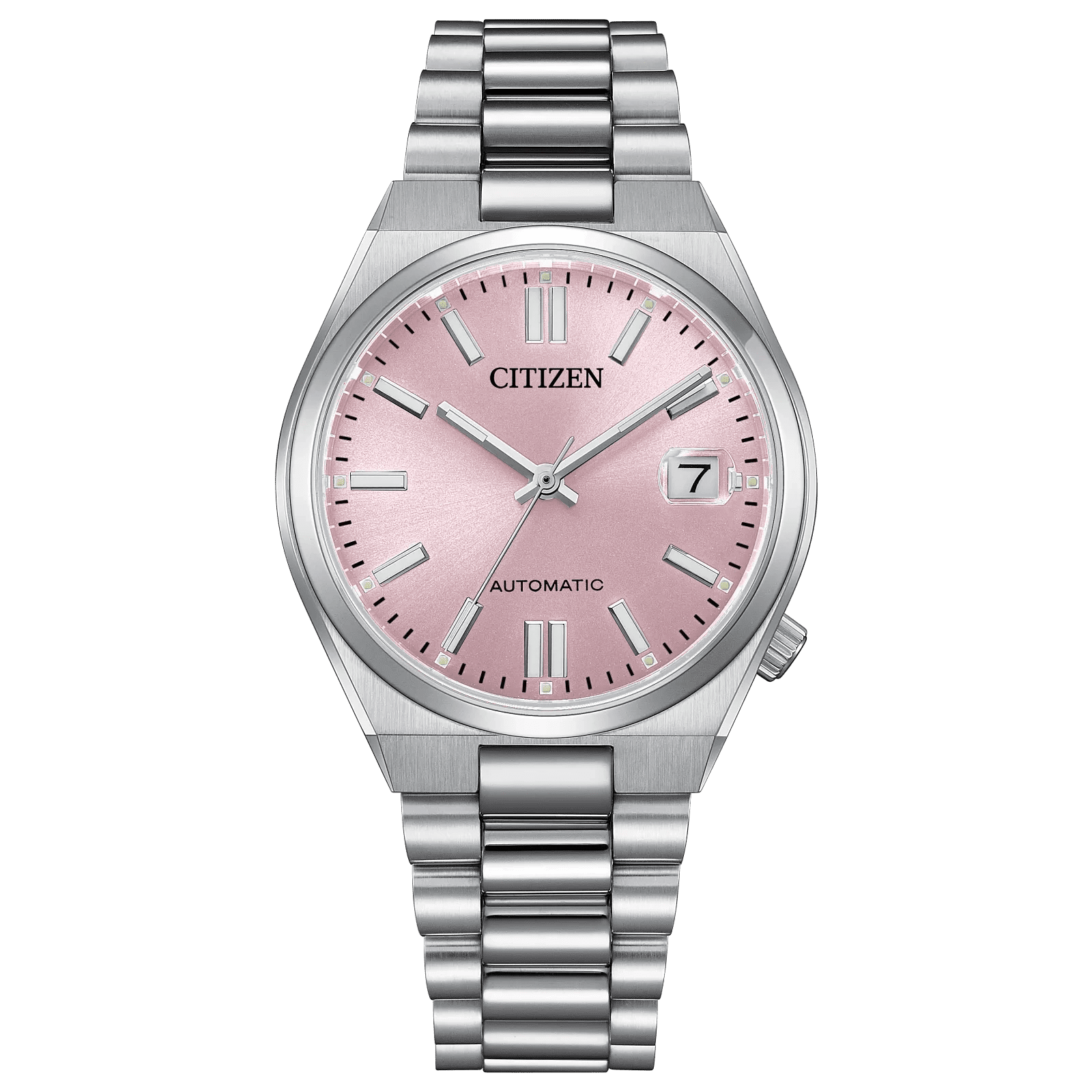 Silver Citizen wristwatch with a pink dial and metal band.