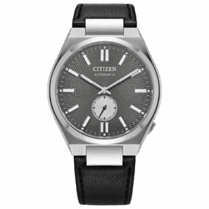 Elegant Citizen wristwatch with black leather strap and gray dial.