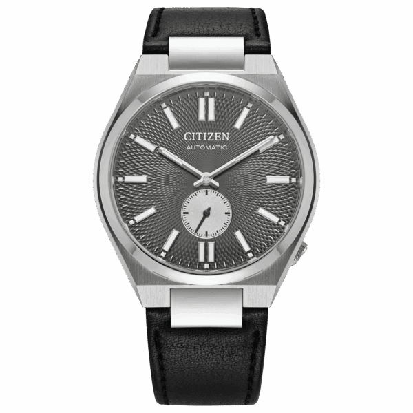 Elegant Citizen wristwatch with black leather strap and gray dial.