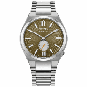 Elegant Citizen wristwatch with a silver band and olive green dial.