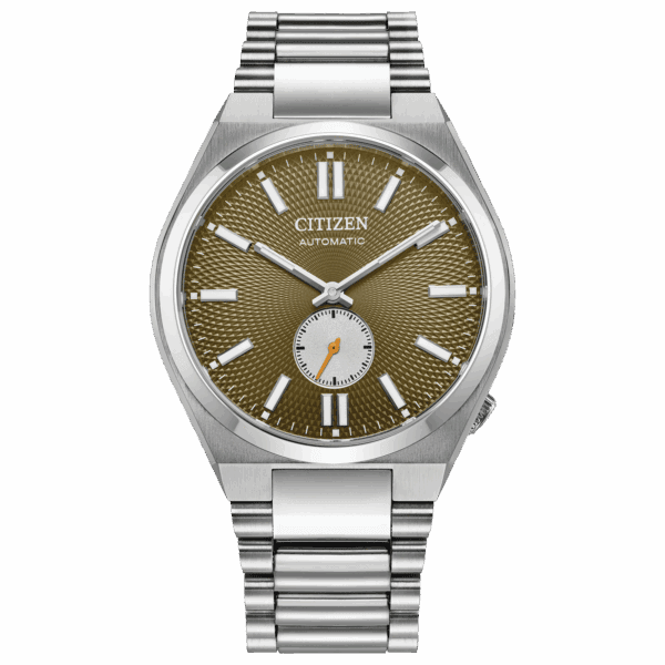 Elegant Citizen wristwatch with a silver band and olive green dial.
