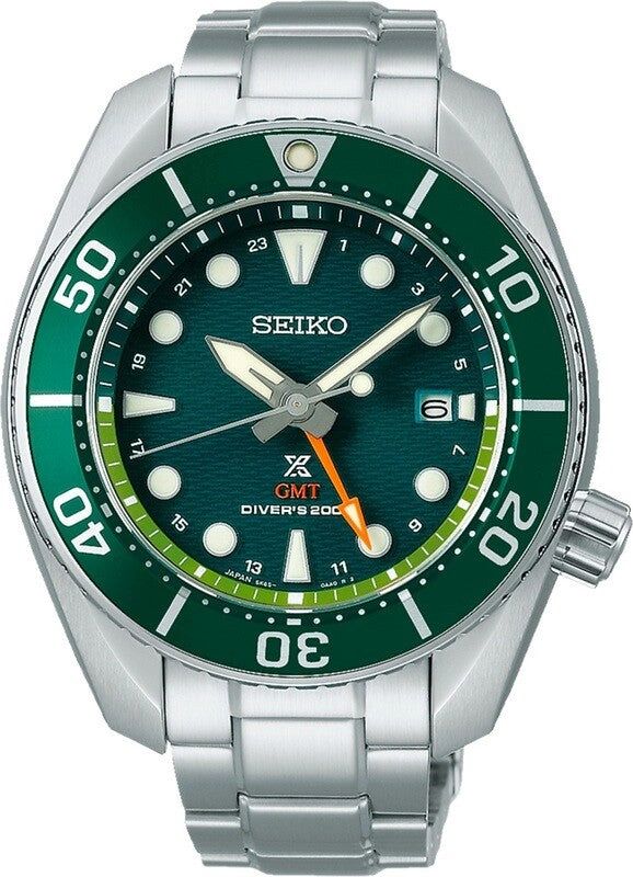 Seiko Prospex diver watch with green bezel and stainless steel band.