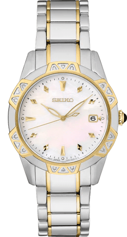 Elegant Seiko wristwatch with gold accents and diamond details.