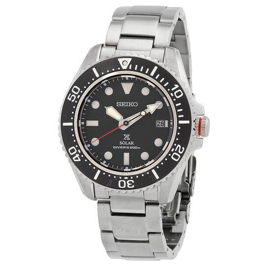 Silver wristwatch with black dial and metal strap.
