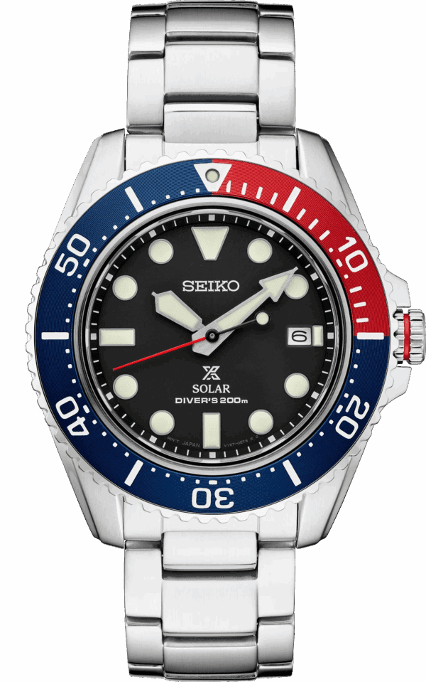 Seiko diver's watch with blue and red bezel and black dial.