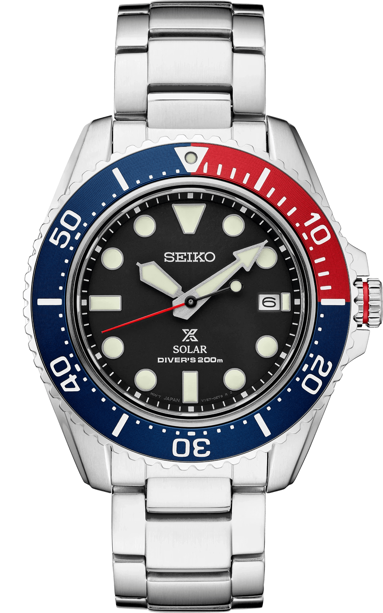 Seiko diver's watch with blue and red bezel and black dial.