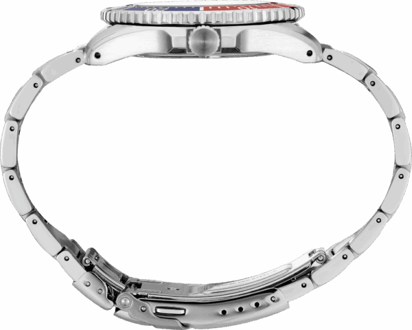Side profile of a sleek, modern wristwatch with a metal band.