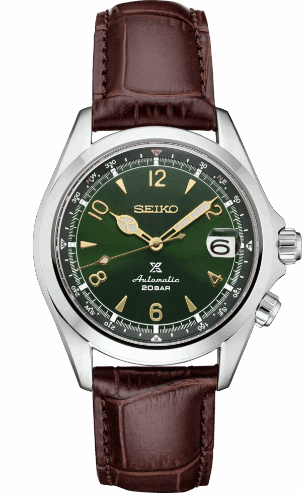 Seiko wristwatch with green dial and brown leather strap.